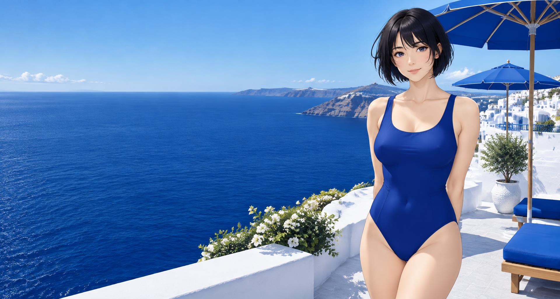 Adult fictional companion on a bright Mediterranean terrace
