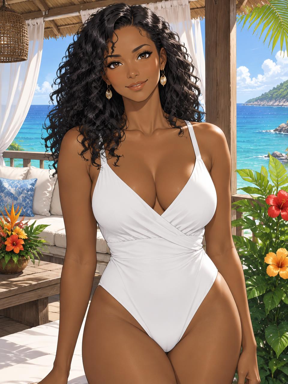 Selah, fictional adult companion aged 32, in a seaside setting